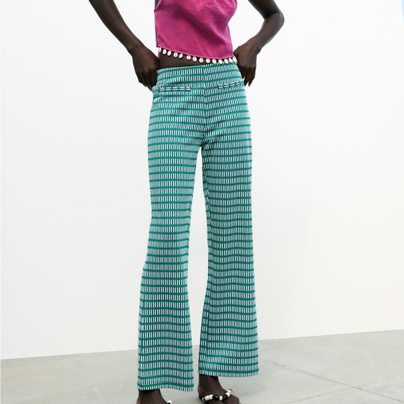 Zara Jacquard Green & White Pattern Geometric Suit Dress Pants - Picture 1 of 13